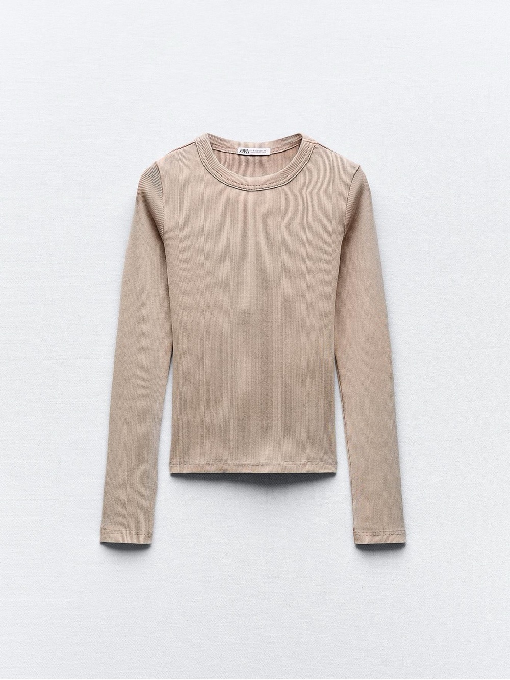 Zara Sand Ribbed Long Sleeve Crewneck Top size S
